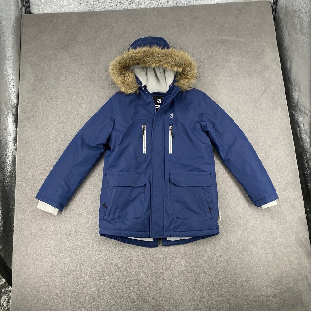 Liquid Boys Navy Blue 3M Thinsulate Insulated Winter Parka Faux Fur Hood L 12-14